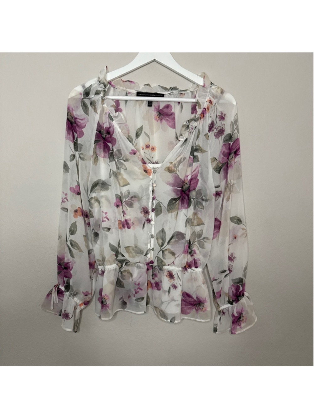 Women's WHITE HOUSE BLACK MARKET Blouse Size 4 White Purple Floral [AB0022]